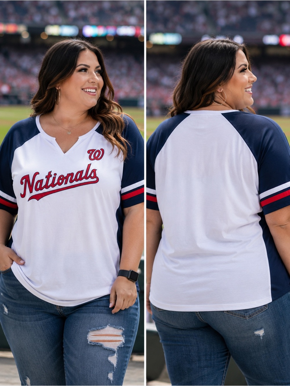 🆕 Fanatics Washington Nationals Women’s 4X Raglan V-Neck Shirt White Navy NWT